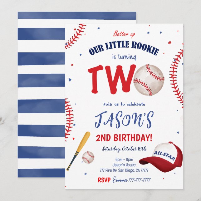White & Red Baseball Birthday Invitation (Front/Back)