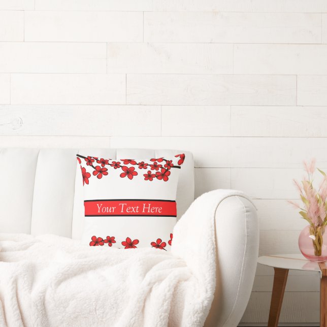 White, Red & Black Floral Your text here Throw Pillow (Couch)