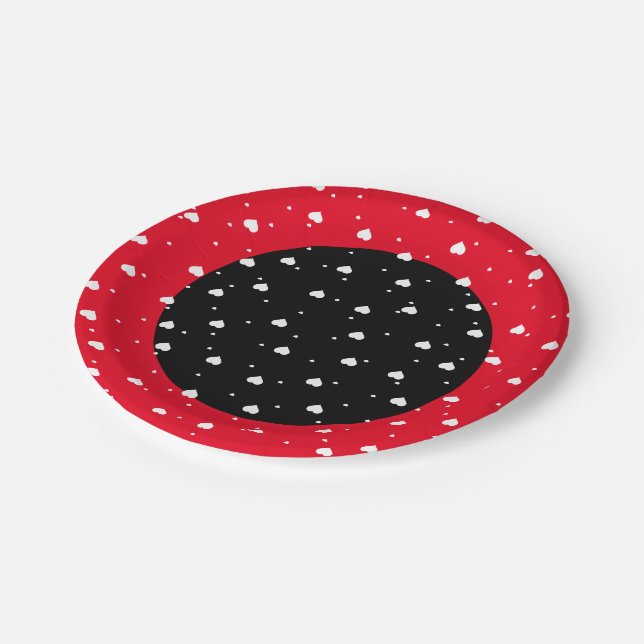 White Red & Black Valentines Hearts Pattern Paper Plates (Angled)