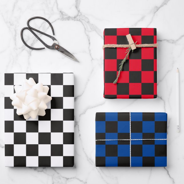 White Red Blue Checkered  Wrapping Paper Sheets (Front)