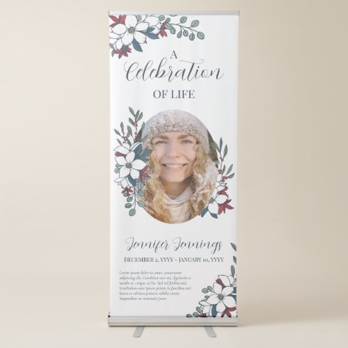 White Red Blue Flowers Photo Memorial Funeral Retractable Banner