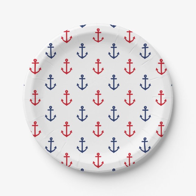 White Red Blue Nautical Anchor Pattern Paper Plates (Front)