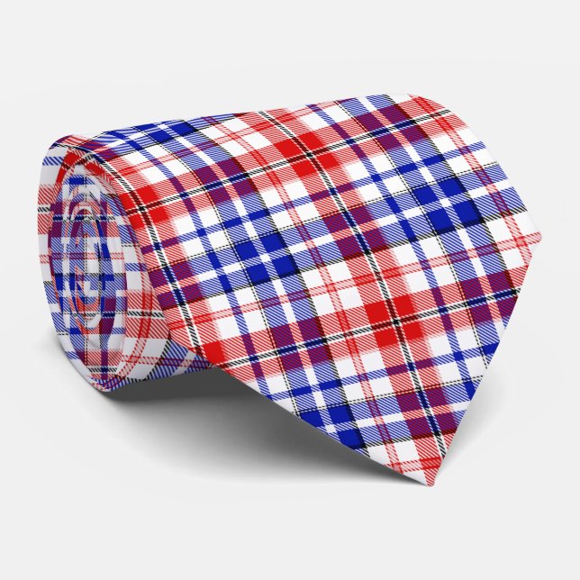 White Red Blue Plaid Tartan Design  Neck Tie (Rolled)