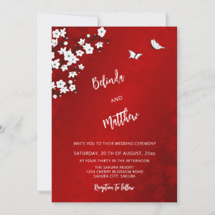 White  Red Cherry Blossom   Casual Wedding Invitation