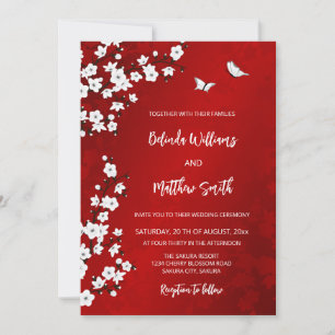 White Red Cherry Blossom Wedding Invitation