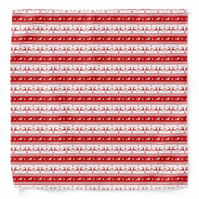 White & Red Christmas Deer and Sleigh Pattern Bandana (Front)