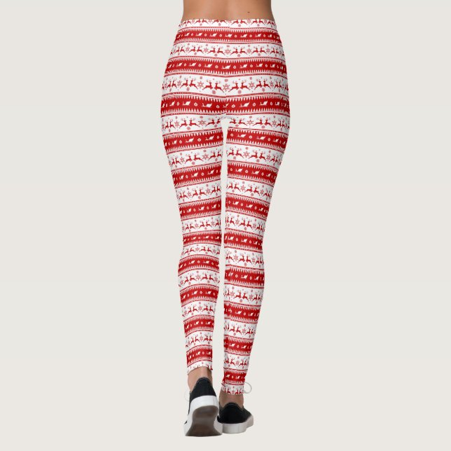 White & Red Christmas Deer and Sleigh Pattern Leggings (Back)
