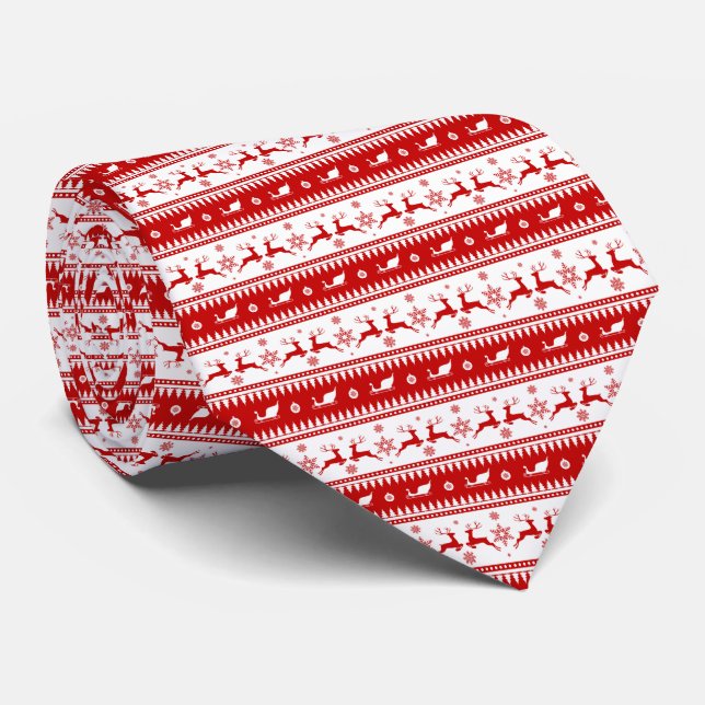 White & Red Christmas Deer and Sleigh Pattern Neck Tie (Rolled)
