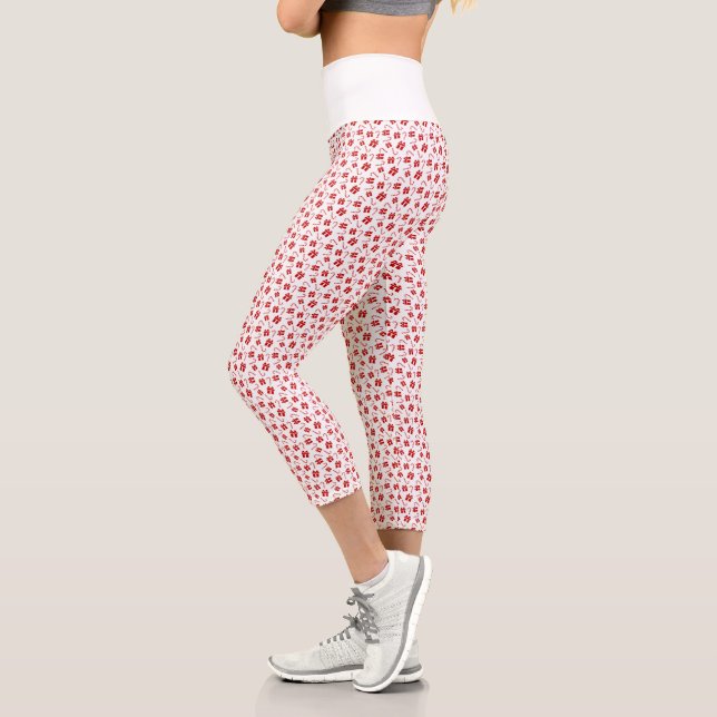 White & Red Christmas Gift and Candy Cane Pattern Capri Leggings (Left)