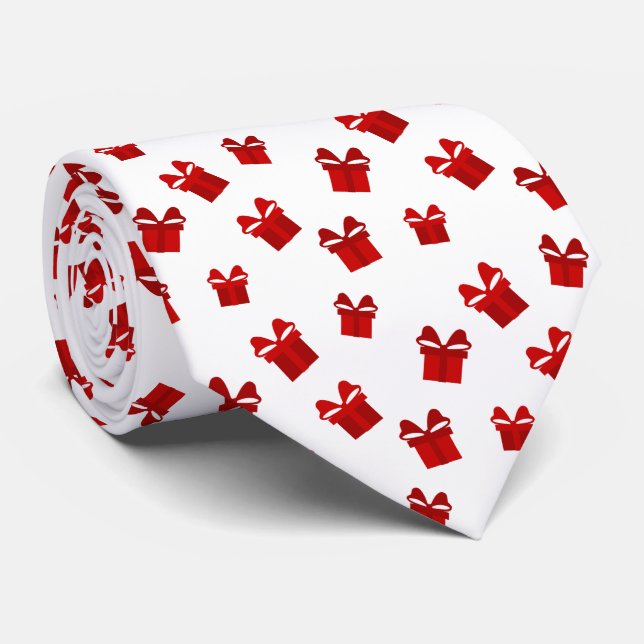 White & Red Christmas Gift Boxes Pattern Neck Tie (Rolled)