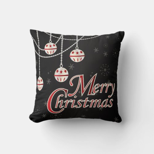 White  Red Christmas Ornaments on Black Throw Pillow