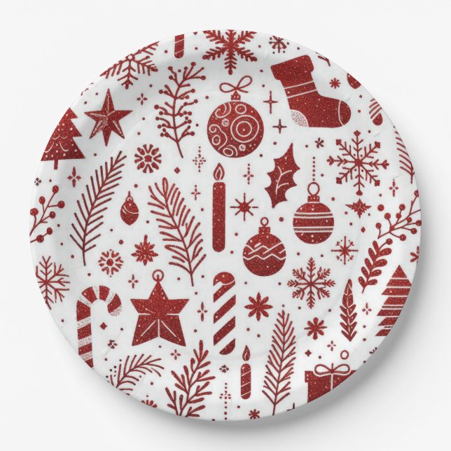 White Red Christmas Paper Plate (Front)