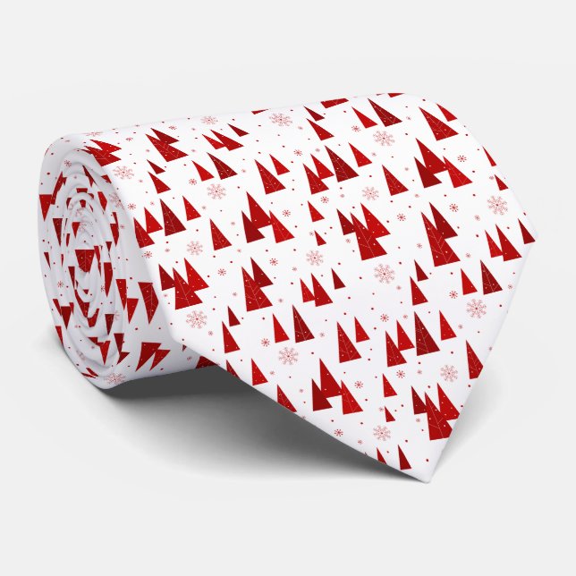 White & Red Christmas Tree with Snowflakes Pattern Neck Tie (Rolled)