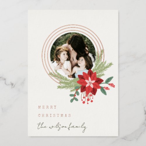 White Red Circle Photo Poinsettia Merry Christmas Foil Holiday Card