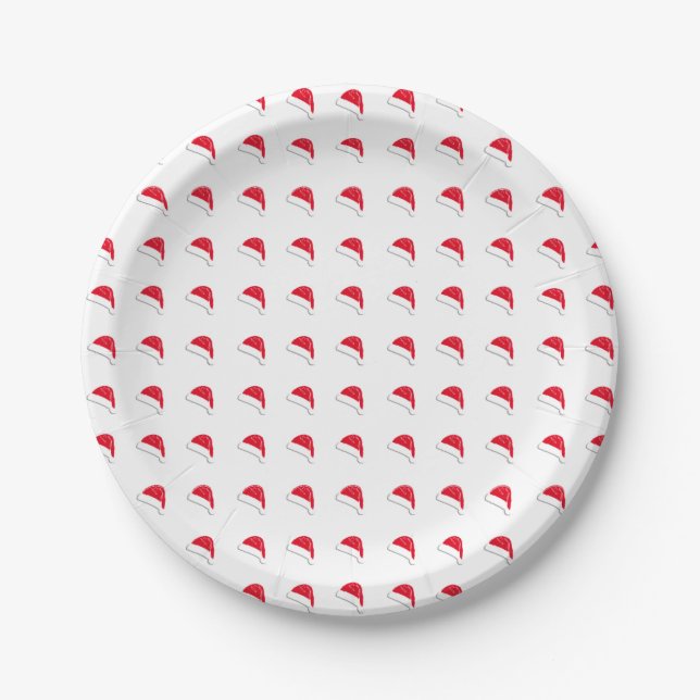 white red cute Santa Hat pattern Christmas paper Paper Plates (Front)