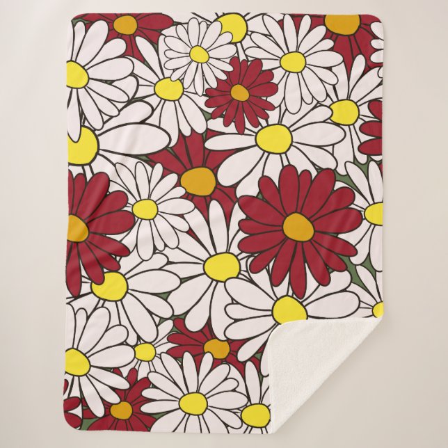 White red daisies floral sherpa blanket (Front)