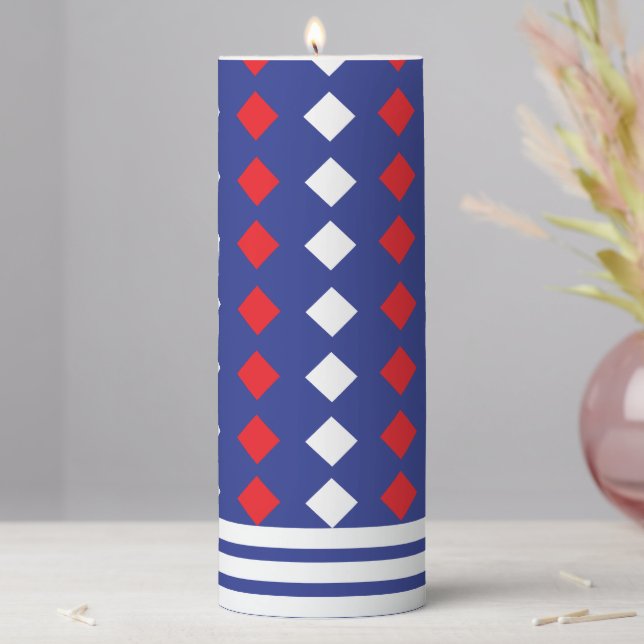 White Red Diamond Stripe Modern Pattern Pillar Candle (In Situ)