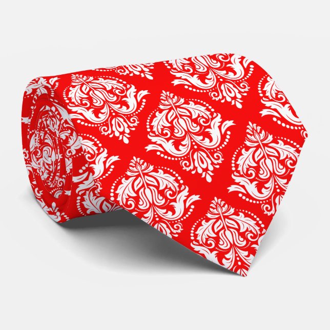 White & Red Floral Damask Geometric Pattern Neck Tie (Rolled)