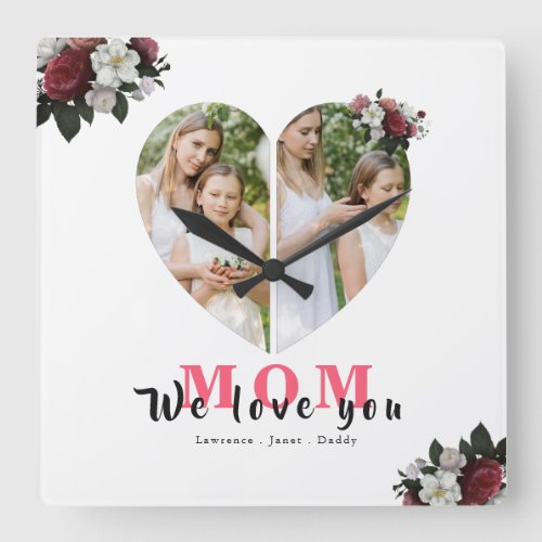 White Red Floral Heart Shaped Gift for Mother day Square Wall Clock