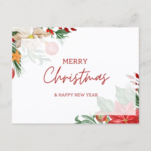 White Red Floral Merry Christmas  Happy New Year Postcard