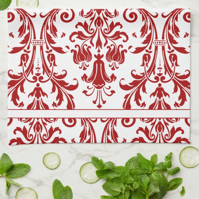 White Red Floral Swirls Damask Monogram Kitchen Towel (Folded)