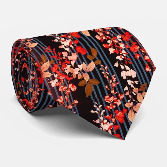 WHITE RED FLOWERS, BLUE BLACK STRIPES Floral  Neck Tie (Rolled)