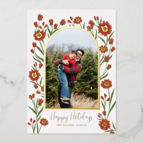 White Red Flowers Boho Arched Photo Holiday Card