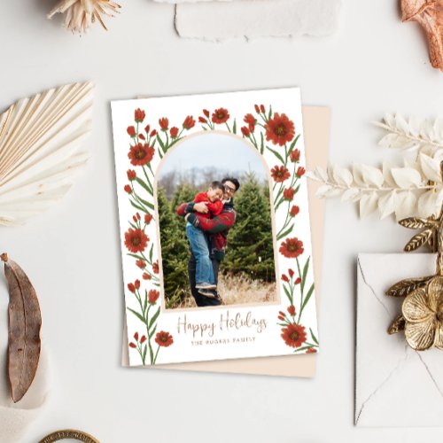 White Red Flowers Boho Arched Photo Holiday Card