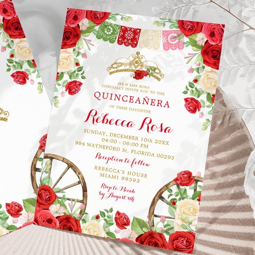 White Red Flowers Colorful Fiesta Quinceaera Invitation