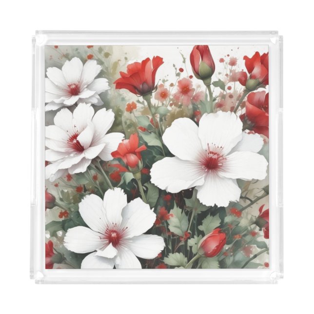 White & Red Flowers Elegant Watercolor Acrylic Tray (Front)