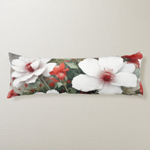 White & Red Flowers Elegant Watercolor Body Pillow