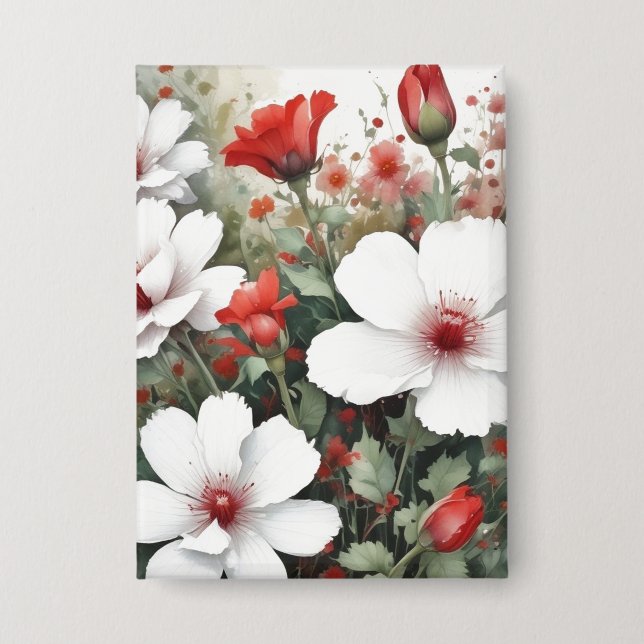 White & Red Flowers Elegant Watercolor Button (Front)