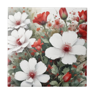 White & Red Flowers Elegant Watercolor Ceramic Tile