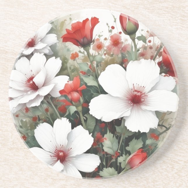 White & Red Flowers Elegant Watercolor Coaster (Front)