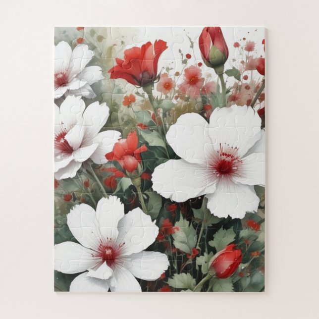 White & Red Flowers Elegant Watercolor Jigsaw Puzzle (Vertical)