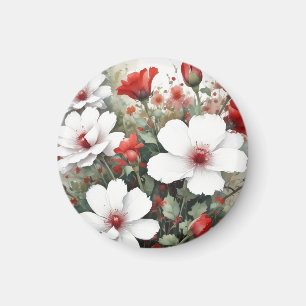 White & Red Flowers Elegant Watercolor Magnet