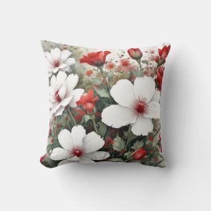 White & Red Flowers Elegant Watercolor Throw Pillow