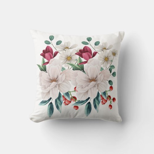 White Red Flowers Floral Greenery Red Berries Gift Throw Pillow