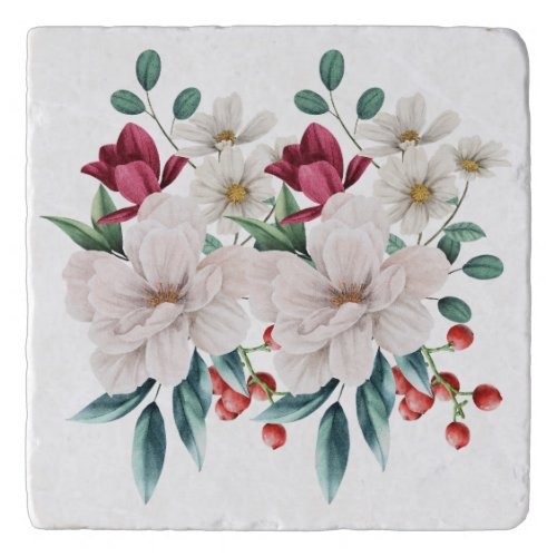 White Red Flowers Floral Greenery Red Berries Trivet