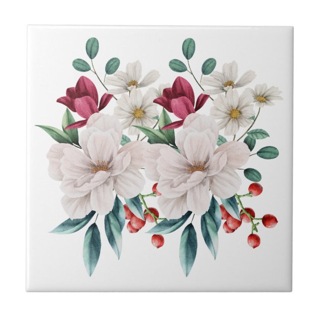 White Red Flowers Floral Kitchen Bathroom Remodel  Ceramic Tile (Front)
