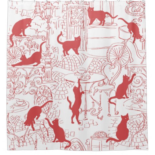 White Red French Cat Paris Cafe Shower Curtain