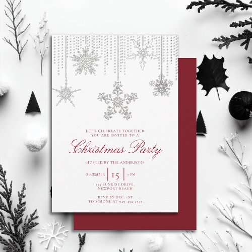 White Red Glitter Drip Sparkle Snowflake Christmas Invitation