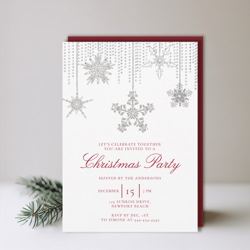 White Red Glitter Drip Sparkle Snowflake Christmas Invitation