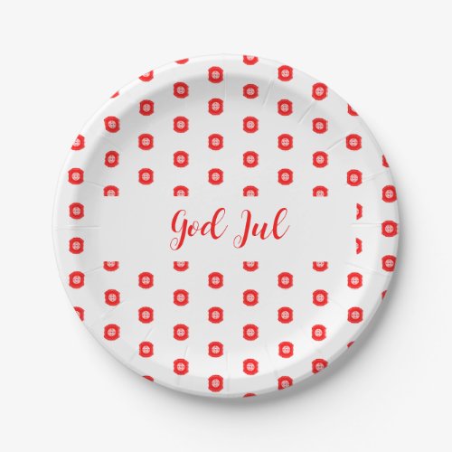 White Red God Jul Merry Christmas Pattern Paper Plates