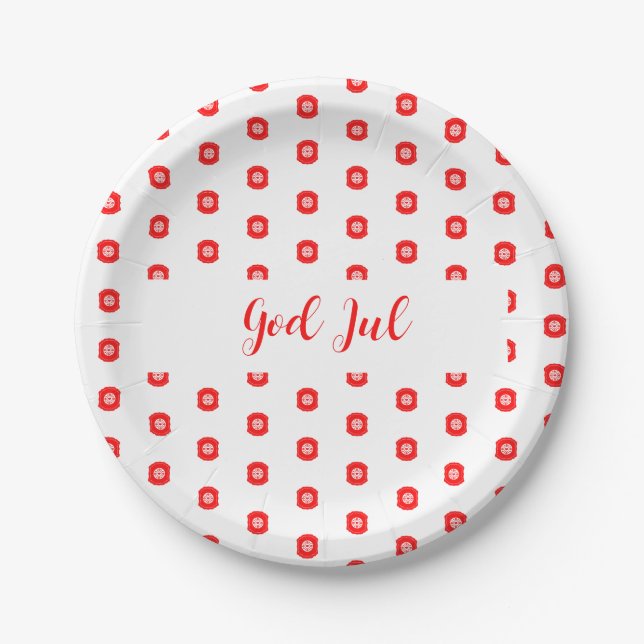 White Red God Jul Merry Christmas Pattern Paper Plates (Front)
