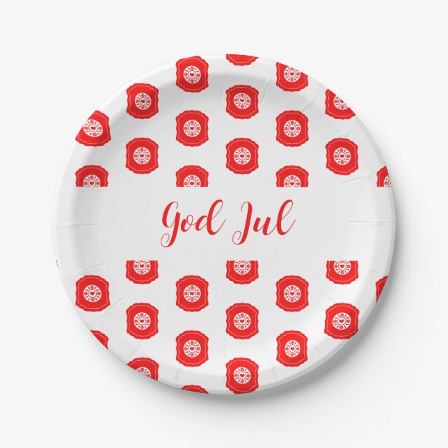 White Red God Jul Merry Christmas Pattern  Paper Plates (Front)