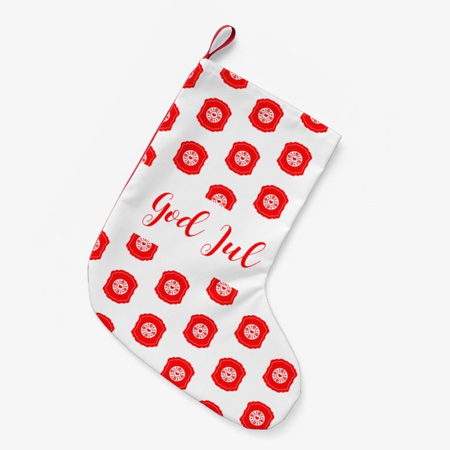 White Red God Jul Merry Christmas Pattern  Small Christmas Stocking (Front (Hanging))