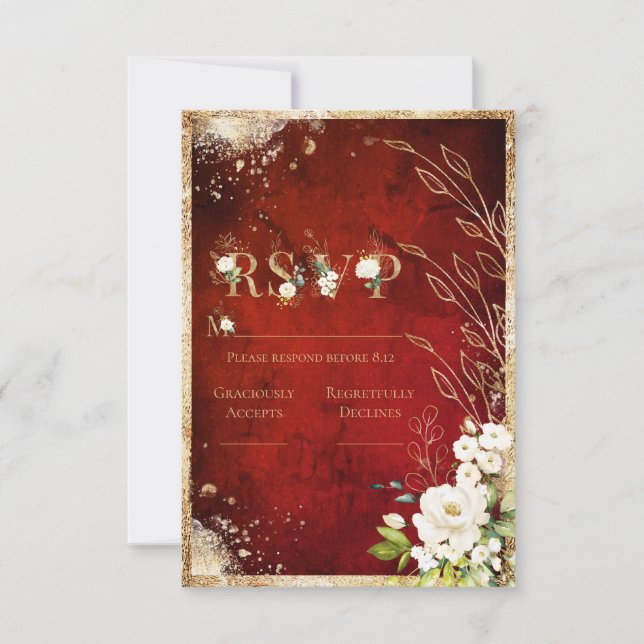 White Red Gold Botanical Floral Rustic  RSVP Card (Front)