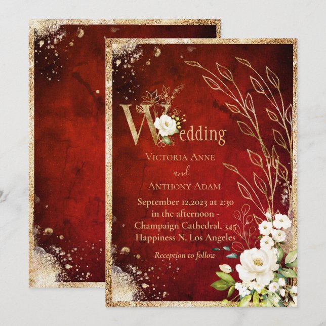 White Red Gold Botanical Floral Rustic Wedding Invitation (Front/Back)