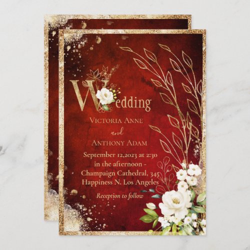 White Red Gold Botanical Floral Rustic Wedding Invitation